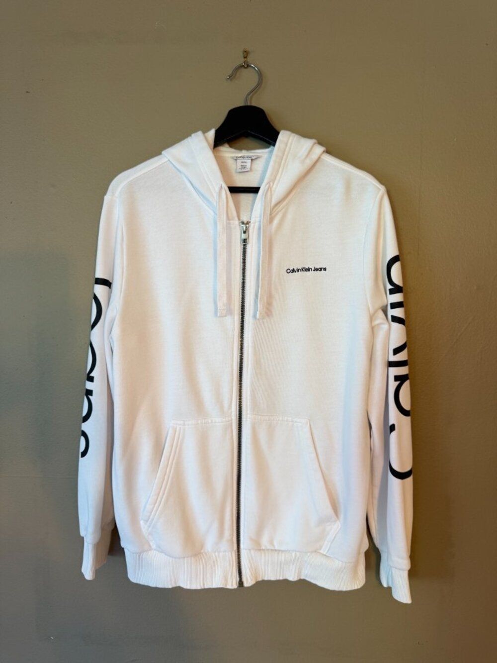 Calvin Klein Jeans Men's White Full Zip Spellout Graphic Hoodie Small